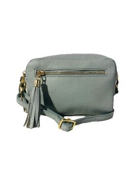 Made In Italy Crossbody Bag Genuine Leather Pebbled Grain Light Blue with Tassel